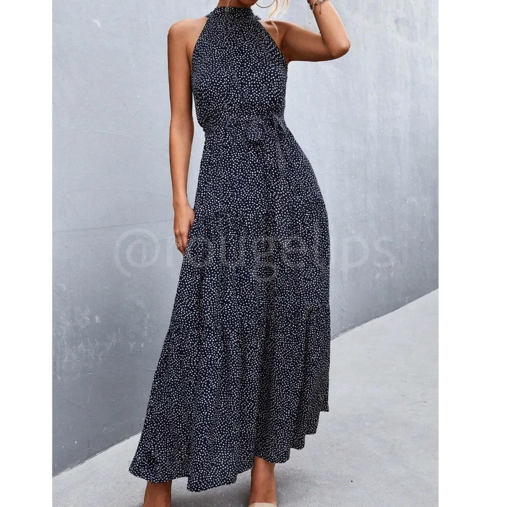 Navy Blue Polka Dot Halter Maxi Dress Tie Belt Long Flared High Neck Sleeveless - Picture 5 of 10